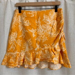 MINKPINK Linen Cotton Ruffle Hem Mini Skirt Dark Yellow Gold Floral Hummingbird